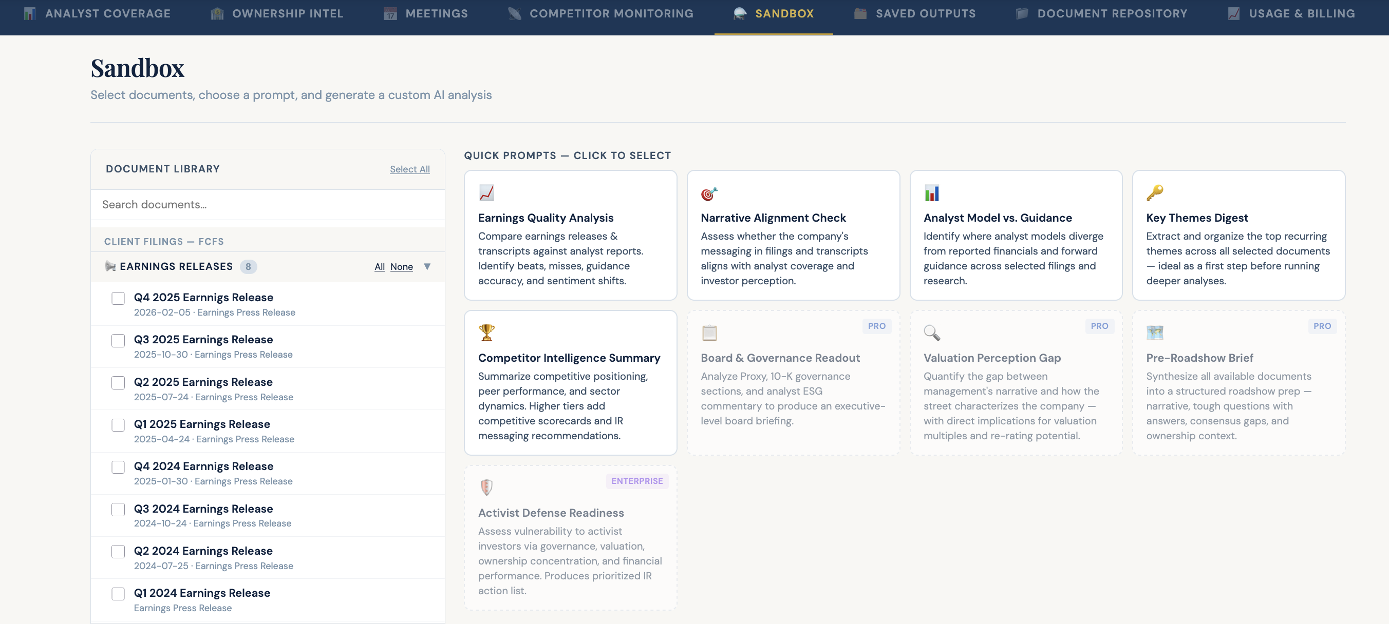 AI Sandbox Dashboard — IR Intelligence Platform